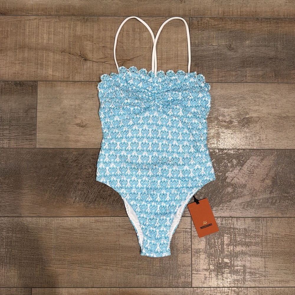 Missoni blue crochet knit halter one piece swimsuit NWT